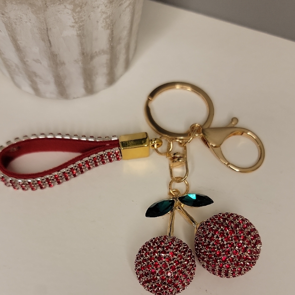 Cherry Red Rhinestone Keychain Bag Charm - Picture 5 of 8